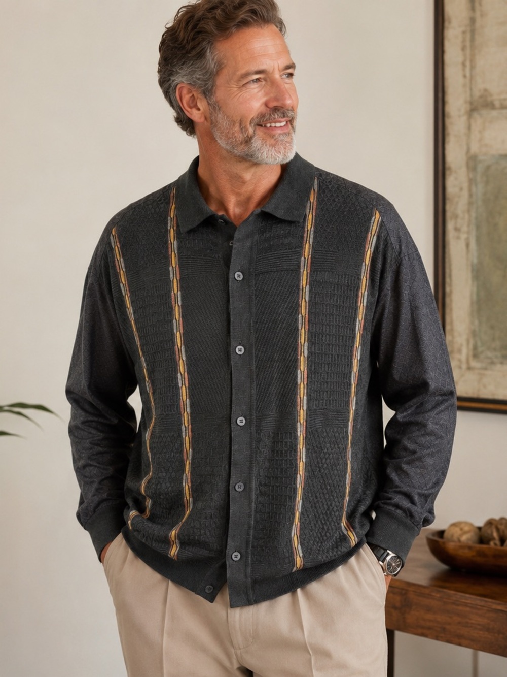 SilverSilk Men’s 2XL Linen Rayon Silk Textured Knit Button Front Shirt Charcoal